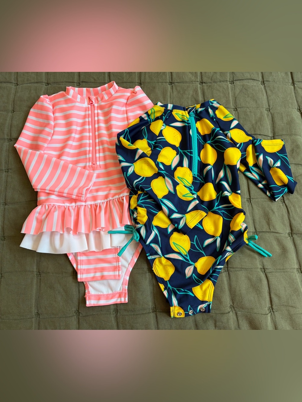2x Cat & Jack girls’ one-piece bathing suits, used, size 3T. Blue & pink